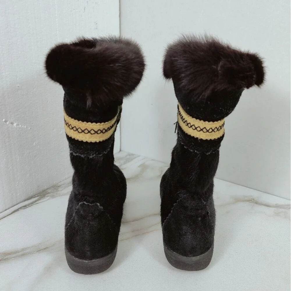 VTG Tecnica Black Goat Fur Aztec Style Trim Apres Ski Winter Snow Boots, 6